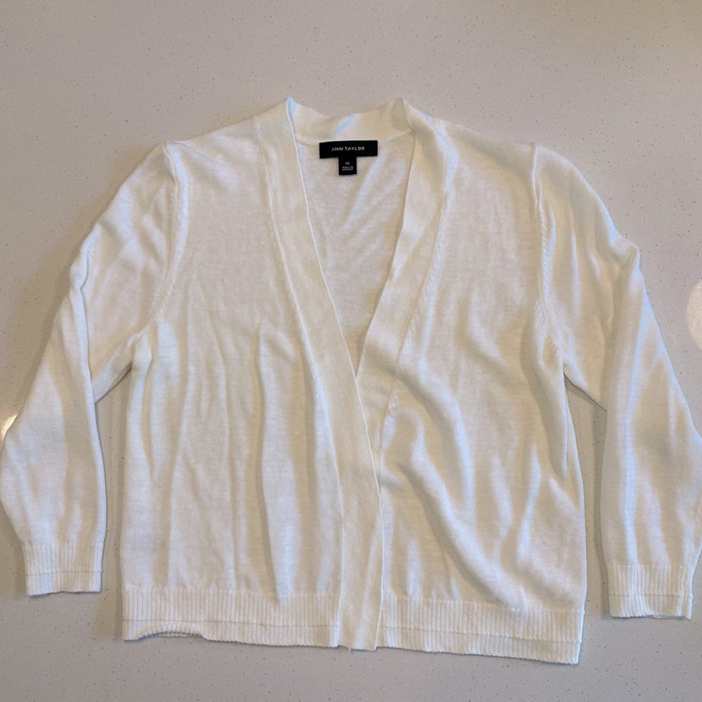 Ann Taylor Cropped Linen Cardigan in White